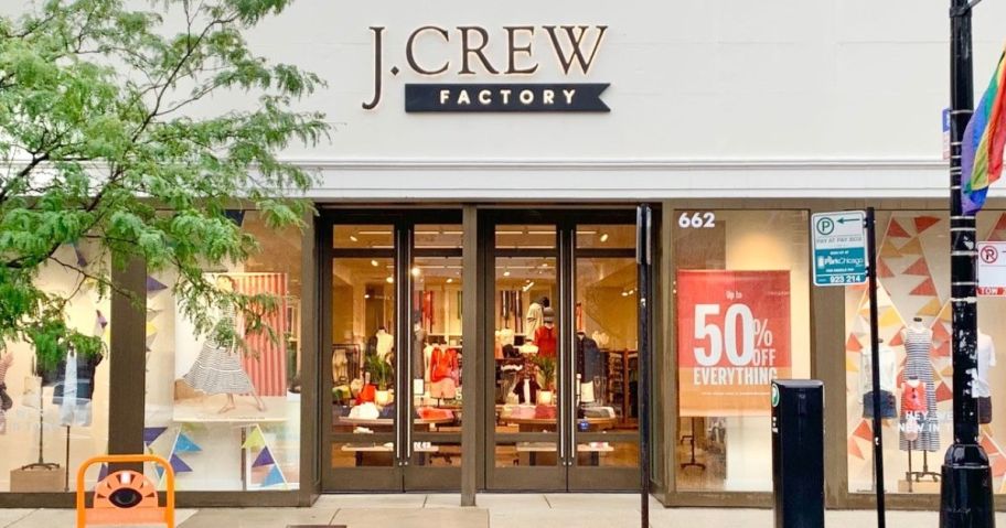 J Crew Factory Storefront with 50% off sale sign