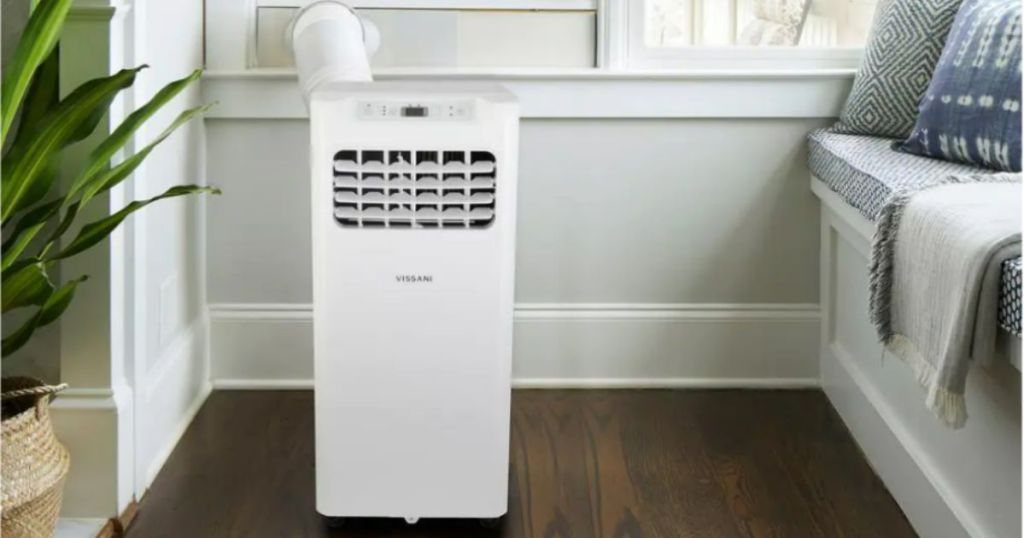  Vissani 6000 BTU Portable Air Conditioner in White shown in living room 