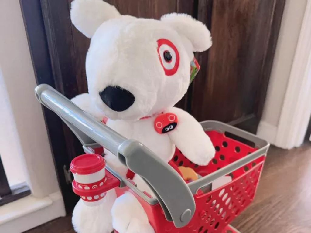 Target plush Bullseye Toy in child's Target cart
