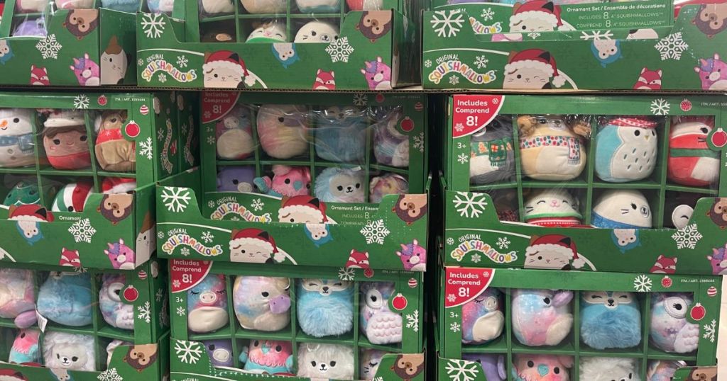 many boxes of Squishmallow ornaments
