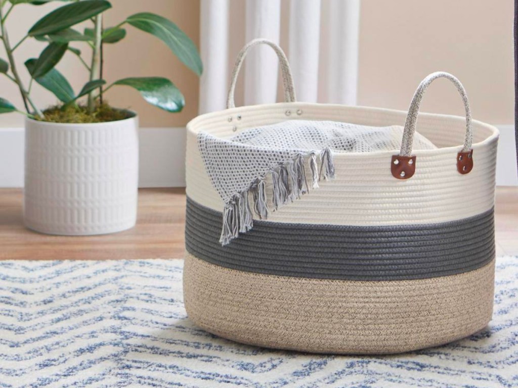 Home Decorators Collection Round Cotton Rope Striped Storage Basket