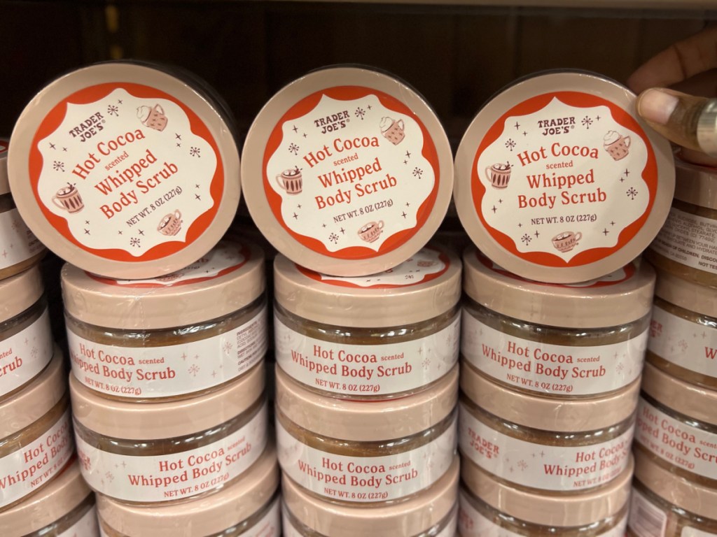 Hot Cocoa Scented Whipped Body Scrub on trader joes store shelf