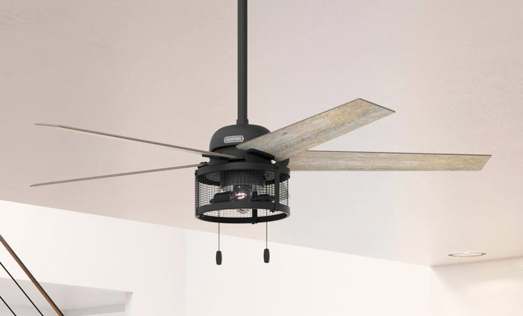 light wood and matte black ceiling fan