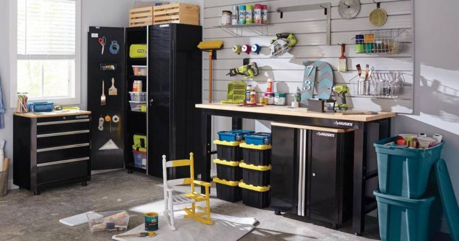 Garage with a Husky Workstation Organization System