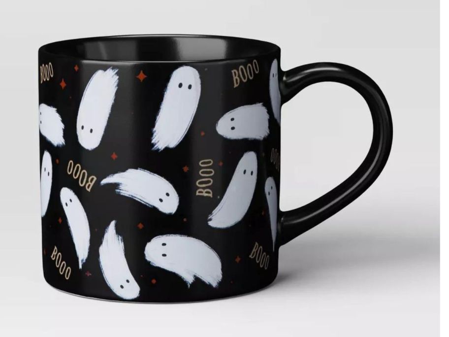 Hyde & EEK! Boutique 16oz Halloween Stoneware Mini Ghost / Boo Print Black Mug stock image
