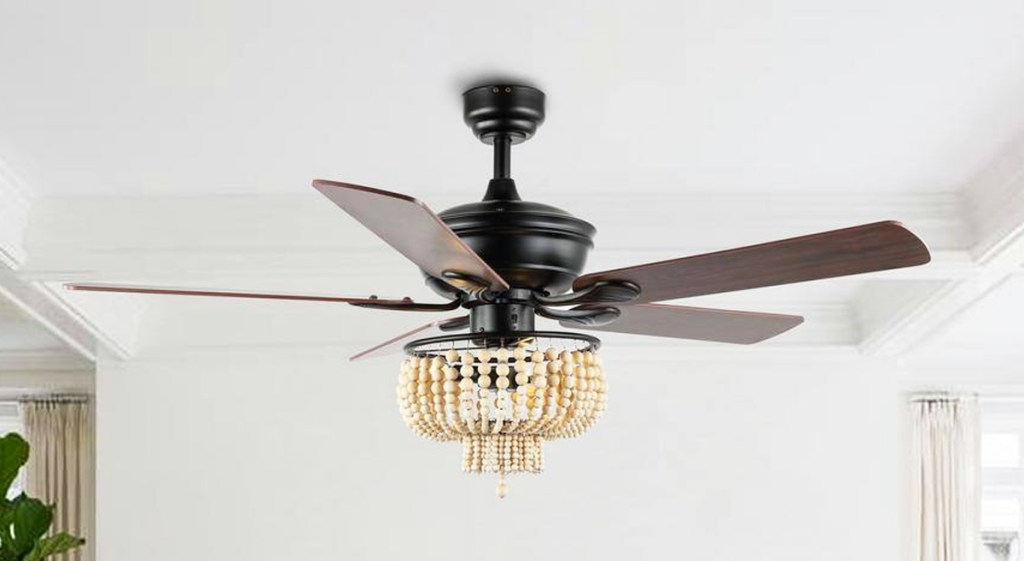 brown ceiling fan with beaded shade