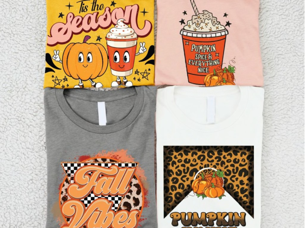 Jane pumpkin lover tee shirts displayed with fall designs on them