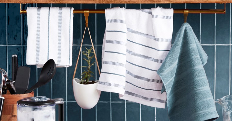 kitchenaid towels on rack in kitchen