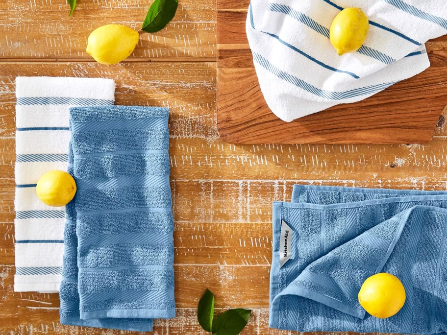 blue and white kitchen towels on counter