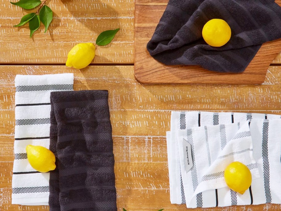 black and white kitchen towels on counter