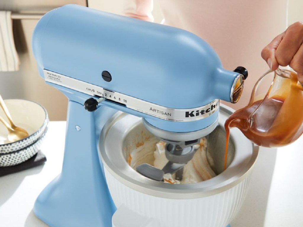 blue KitchenAid with Ice Cream Maker Attachment