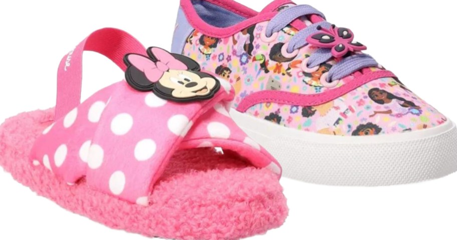 2 pairs of Kohls kids character shoes including minnie slippers and emcanto sneakers