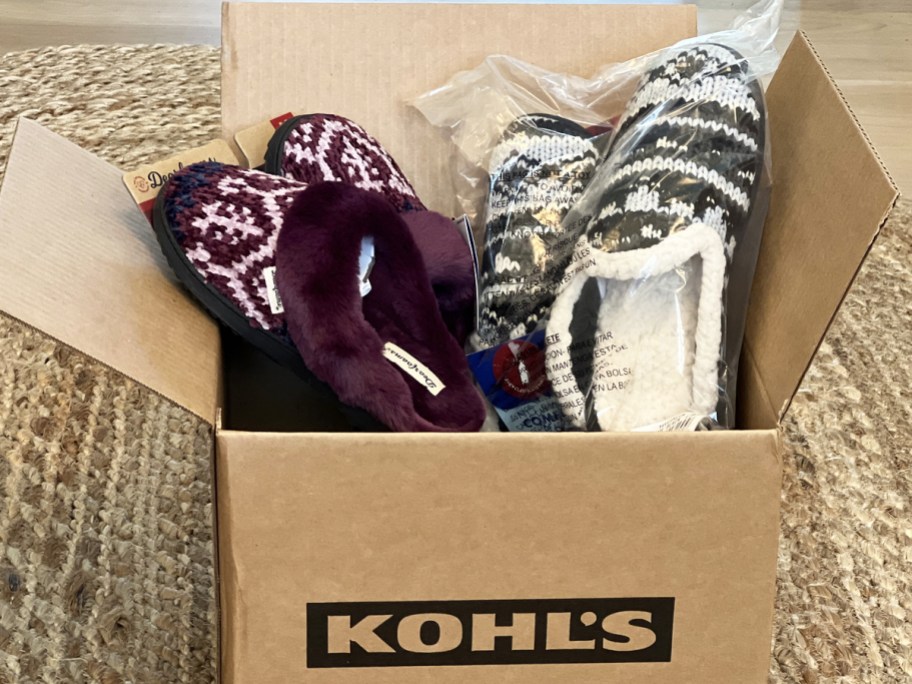 pairs of slippers inside a kohl's shipping box