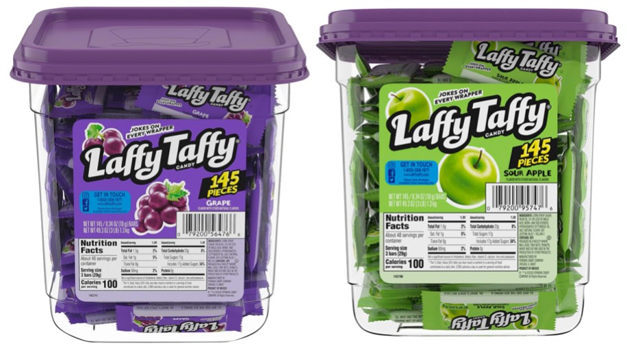 purple and green containers of laffy taffy