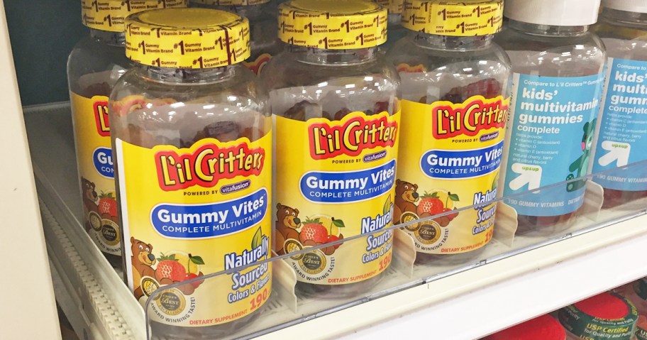 large bottles of L'il Critters Gummy Vites in store shelf