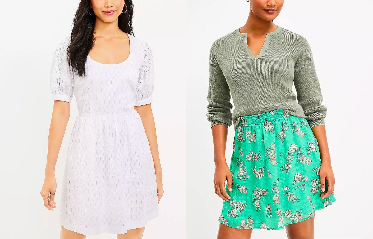 two models wearing a white loft dress and a green flora print skirt.