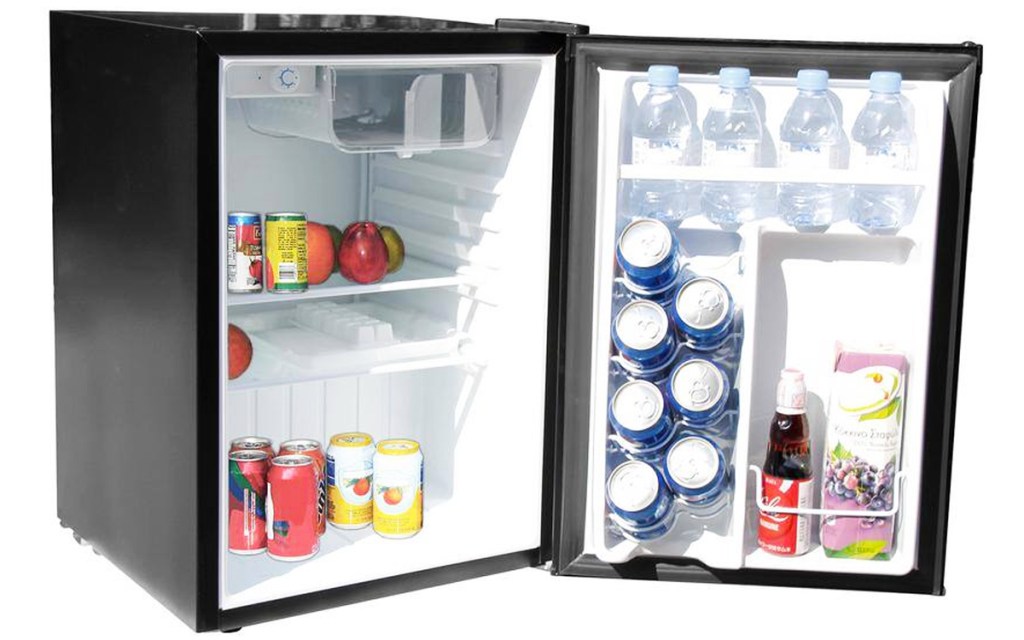 opened mini fridge with food and drinks inside