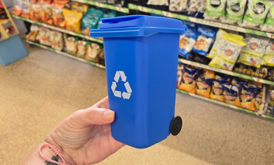 a mini recycling bin toy, one of the barbie accessories at Dollar Tree