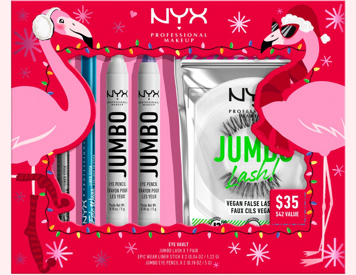 NYX Professional Makeup Limited Edition Festive Eye Essentials Holiday Gift Set in a festive read box with snowflakes and pink flamingos on it