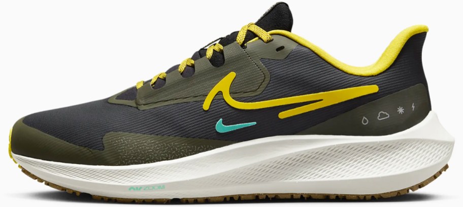 olive green, black, and yellow nike running shoe