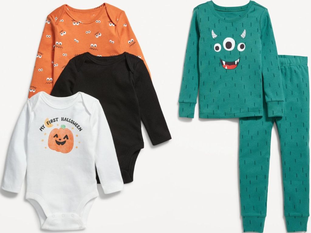 A 3-pack of Old navy Halloween Bodysuits for baby and a pair of toddler halloween pajamas