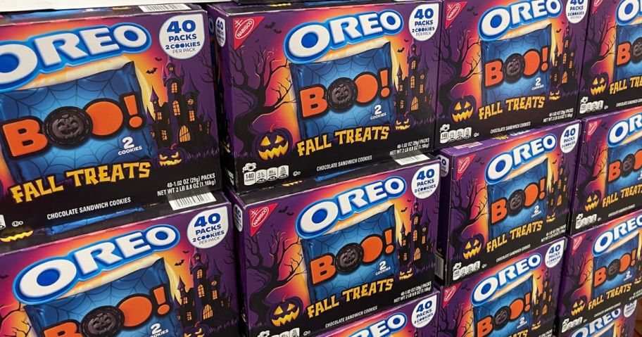 A wall of boxes of Halloween Oreos