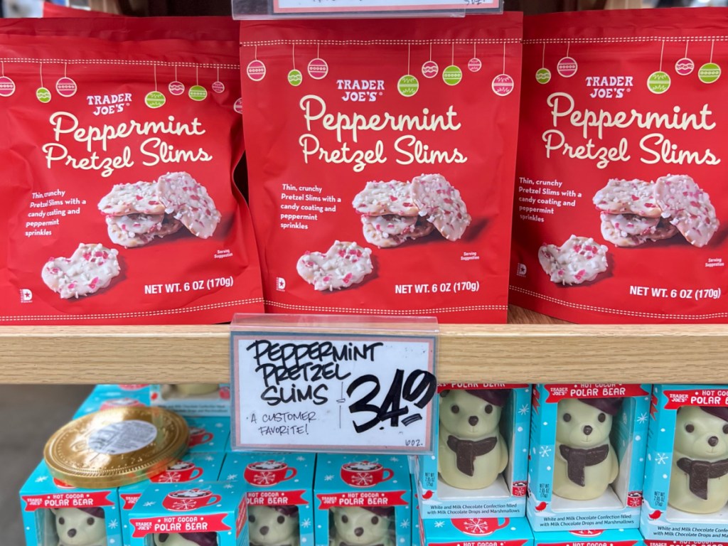 Peppermint Pretzel Slims on trader joes store shelf