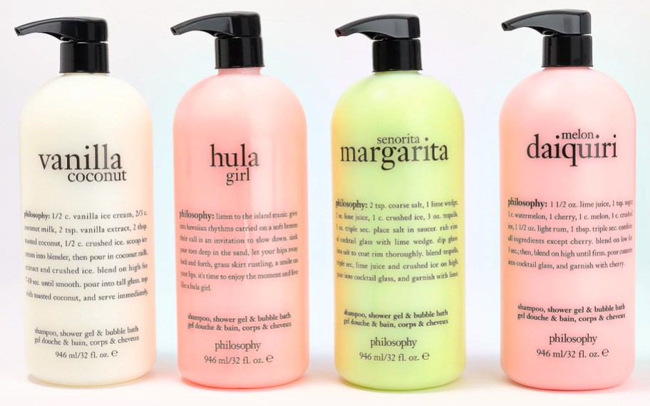 Philosophy 32 oz Shampoo Shower Gel Bubble Bath bottles vanilla coconut, hula girl, senorita margarita, and melon daiquiri