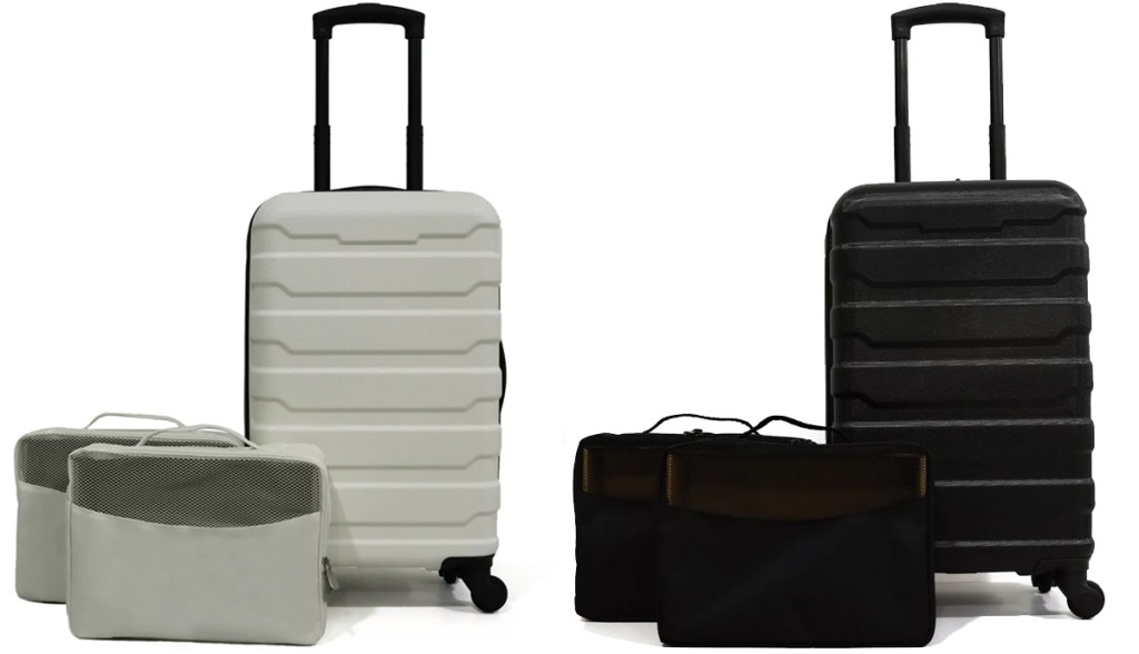 white and black hardside suitcases with matching packing cubes