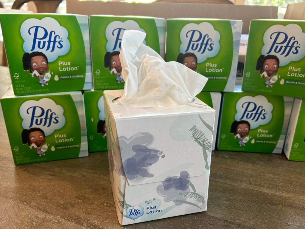 Puffs Plus Tissue Boxes on wooden table