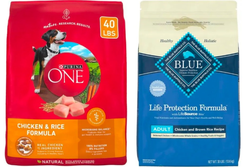 Purina One and Blue Buffalo Dog Food bags