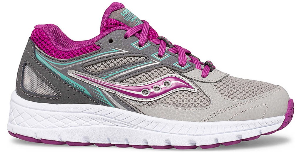 grey and pink running shoe