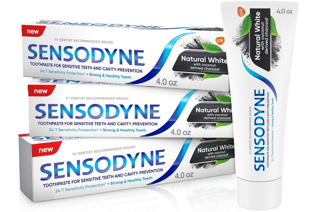 tube and three boxes of Sensodyne Natural White Charcoal Whitening Toothpaste