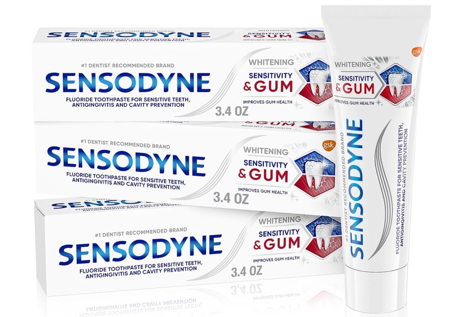 tube and three boxes of Sensodyne Sensitivity & Gum Whitening Toothpaste