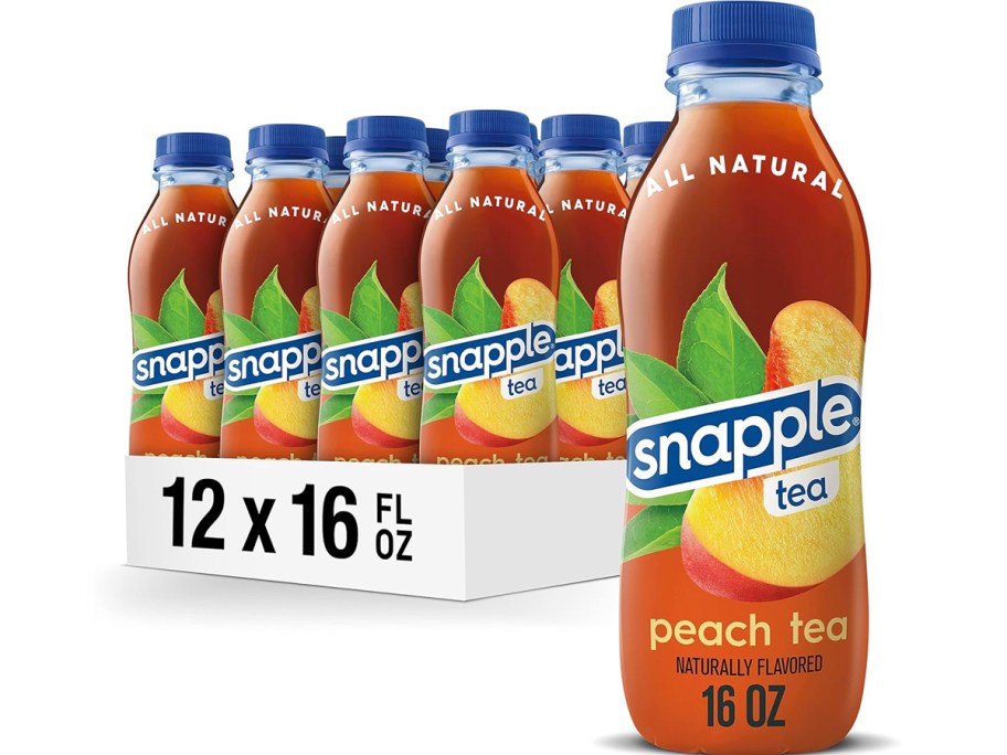 12-pack case of Snapple drinks in peach tea flavor
