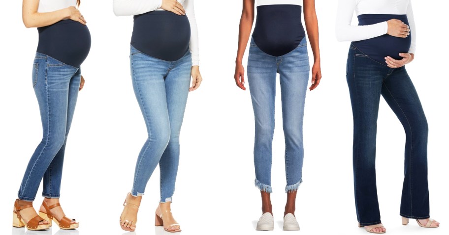 four women modeling maternity jeans