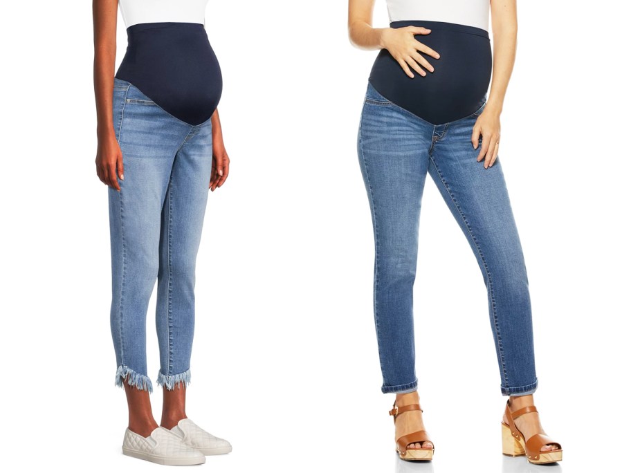 two women modeling medium wash maternity jeans