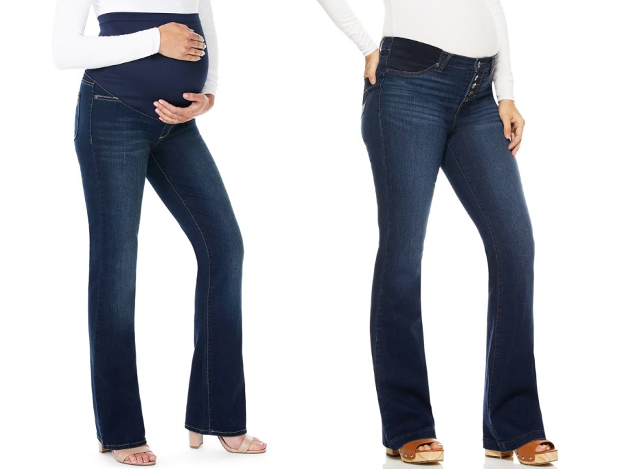 two women modeling dark wash maternity jeans