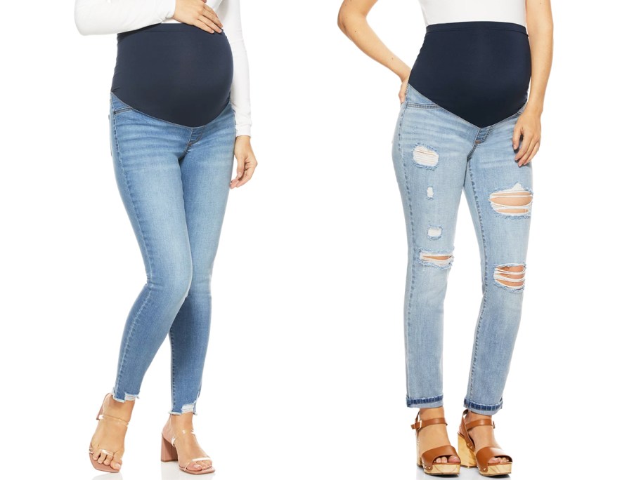 two women modeling light wash maternity jeans