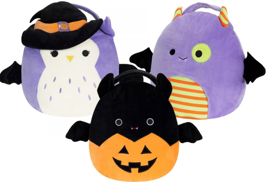 owl, monster, and bat halloween squishmallows pails