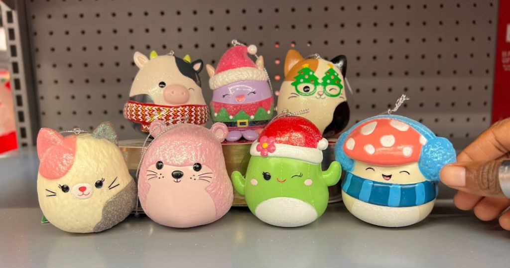 Squishmallows ornaments at Walmart on a store shelf