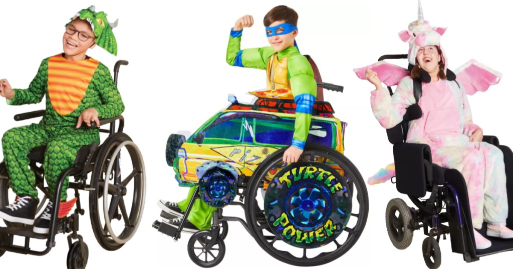3 kids in wheelchairs wearing Target Adaptive Halloween Costumes