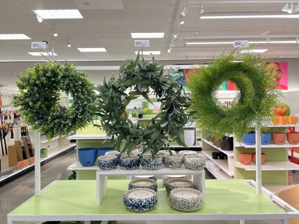 Outdoor wreaths in a Target store