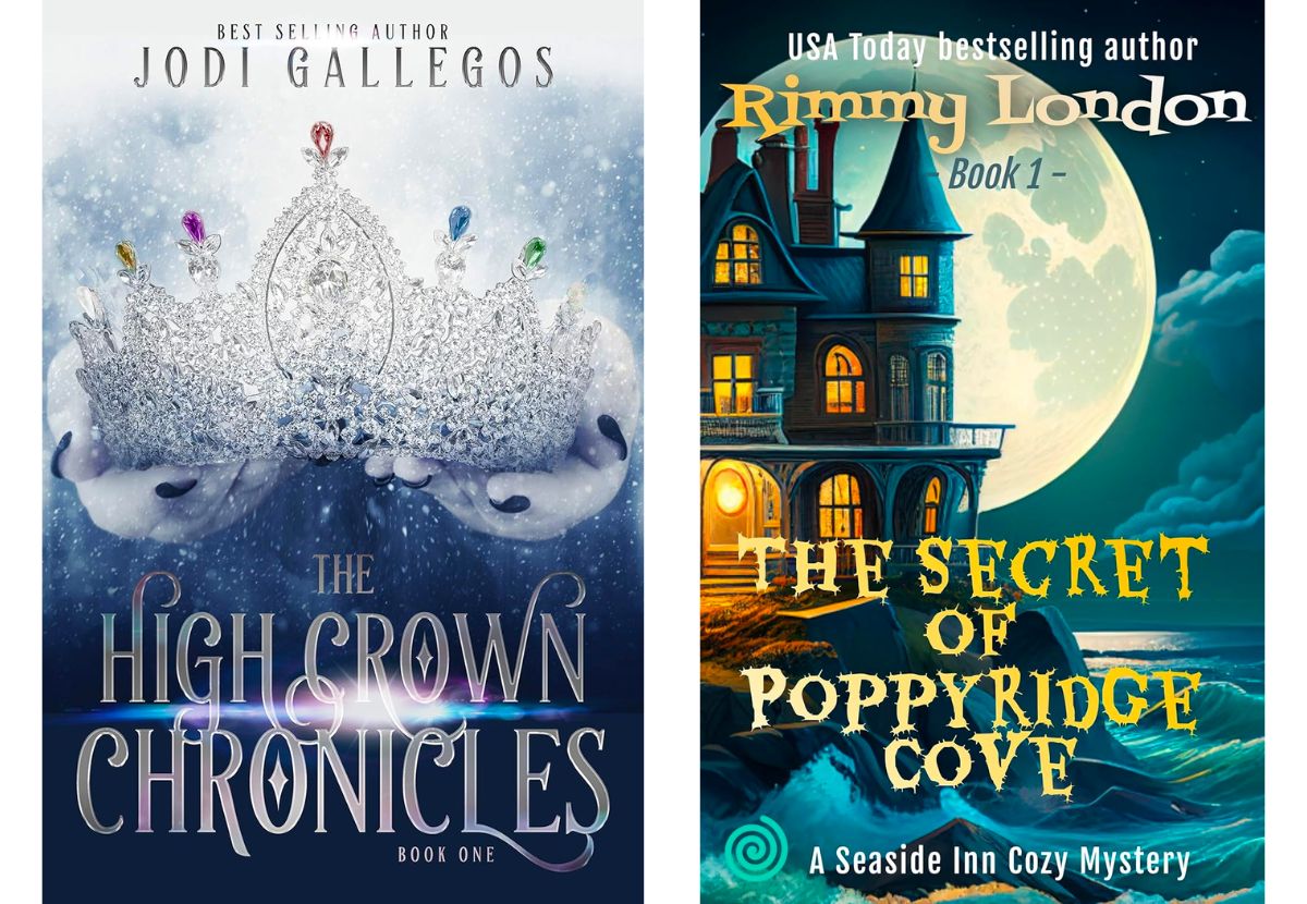 The High Crown Chronicles by Jodi Gallegos &The Secret of Poppyridge Cove: Seaside Inn Mystery, book 1 by Rimmy London book covers 