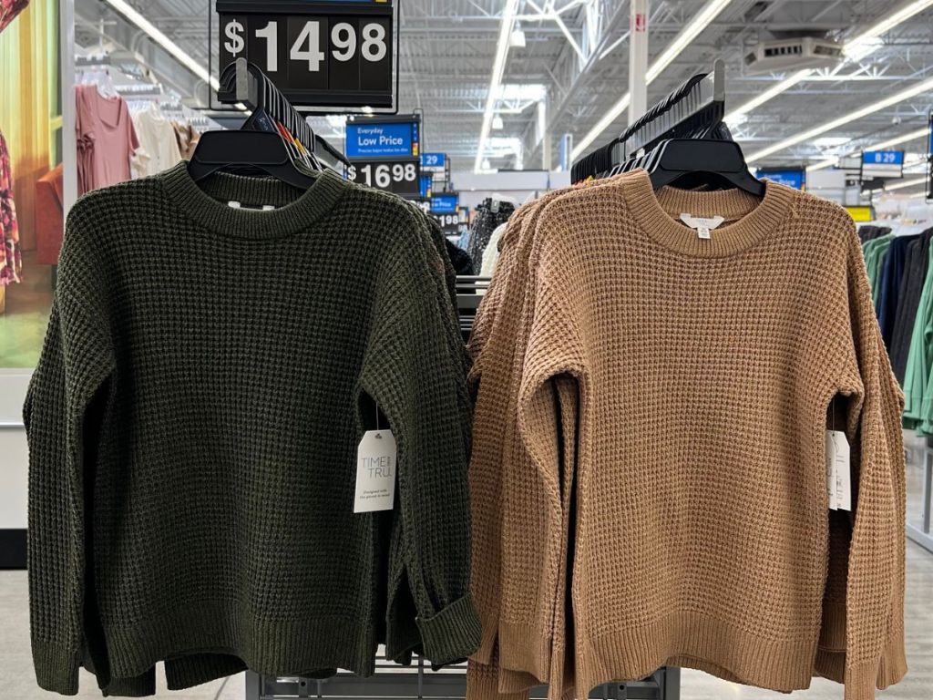 A rack of waffle knit sweaters at Walmart