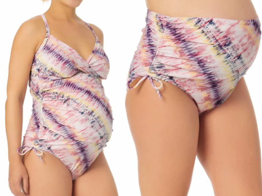 time and tru multi-colored maternity tankini swim top and high waisted bottoms
