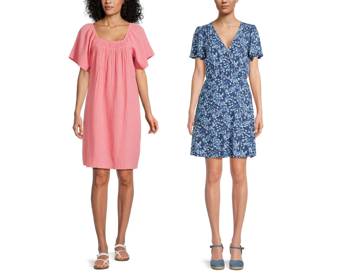 two models wearing short sleeve spring dresses in coral and blue floral