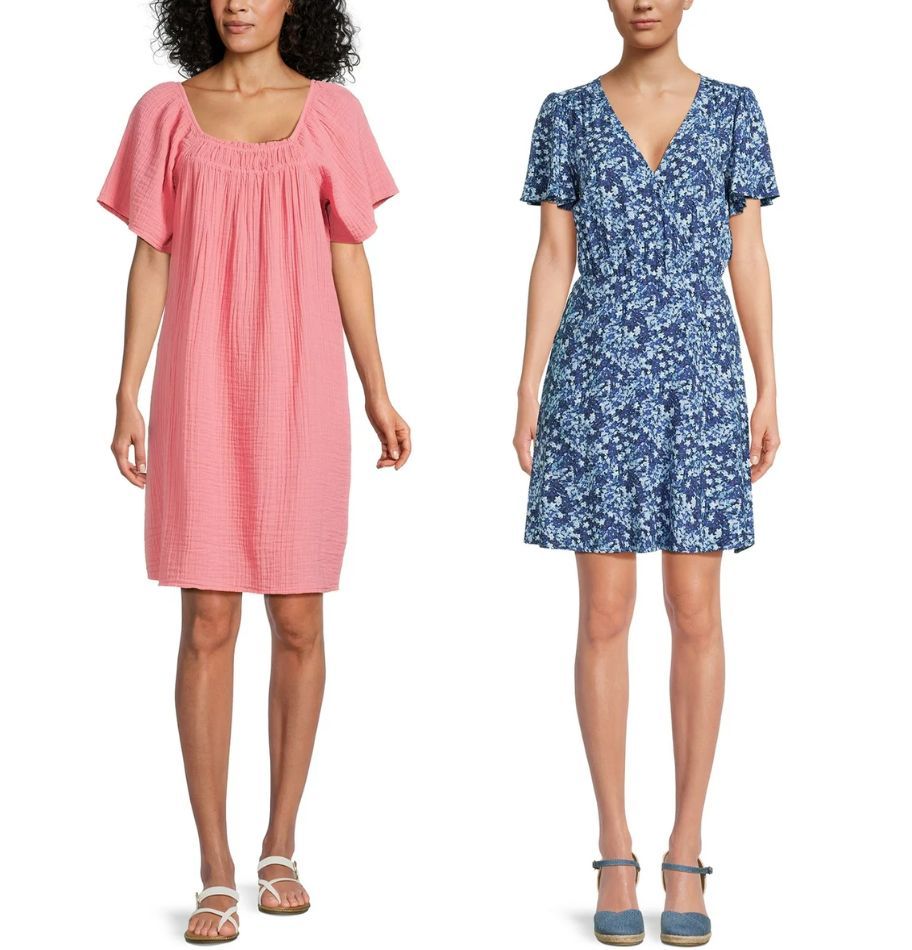 two models wearing short sleeve spring dresses in coral and blue floral