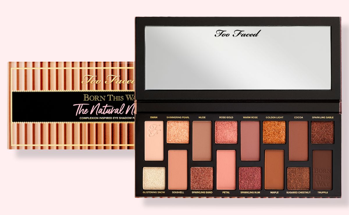 Too Faced Born This Way The Natural Nudes Eye Shadow Palette with various shades of pink and nude shadow shades