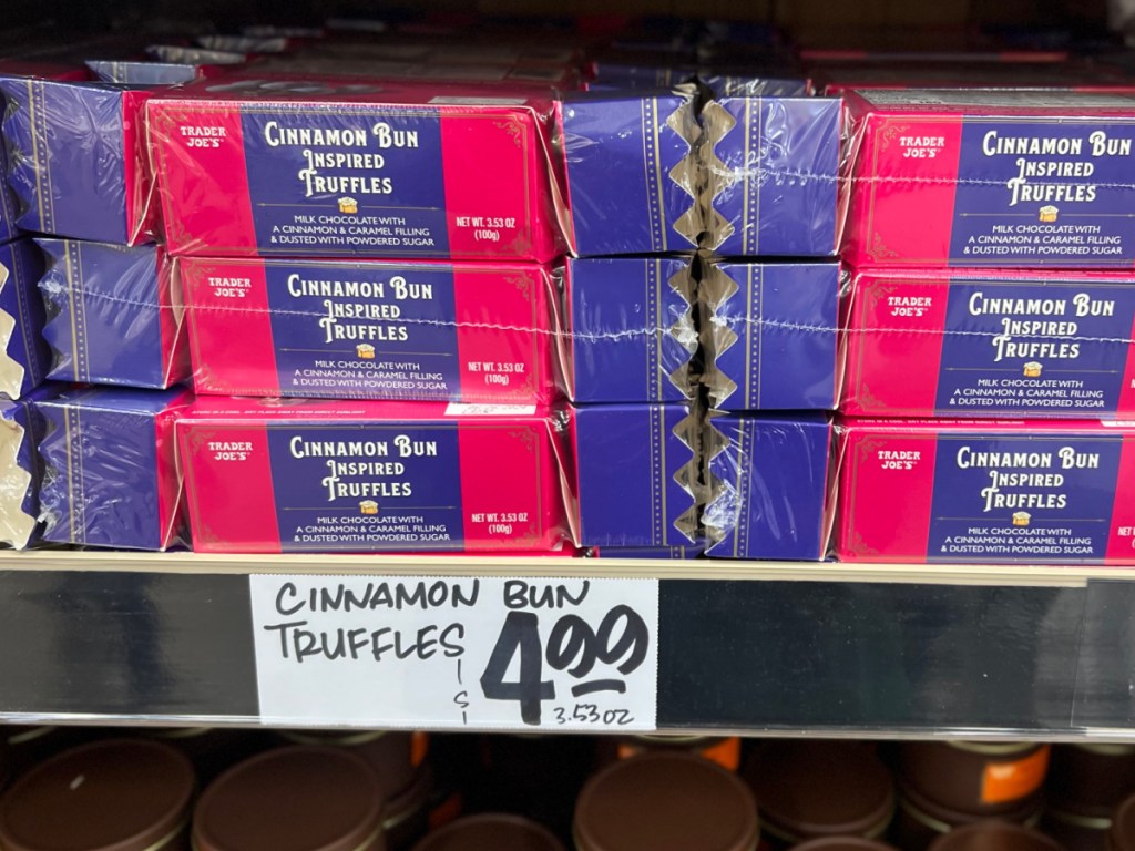Trader Joes Cinnamon Bun Truffles on store shelf